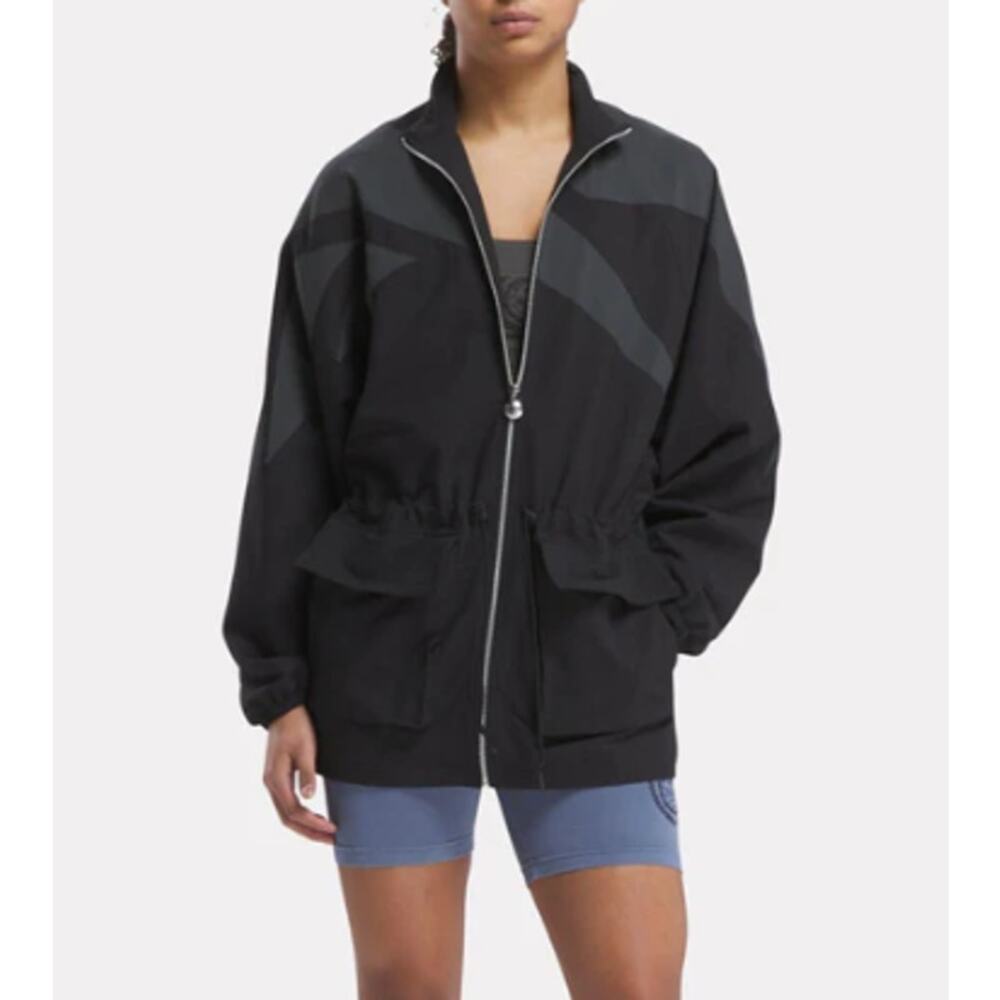 ANINE BING X REEBOK WOMENS XSMALL WINDBREAKER JACKET CINCH WAIST BLACK GRAY NEW